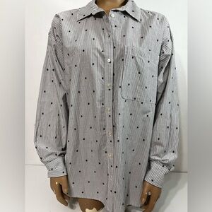 Loft Women's Gray Striped Navy Embroidered Dots Button Up Blouse Size Medium
